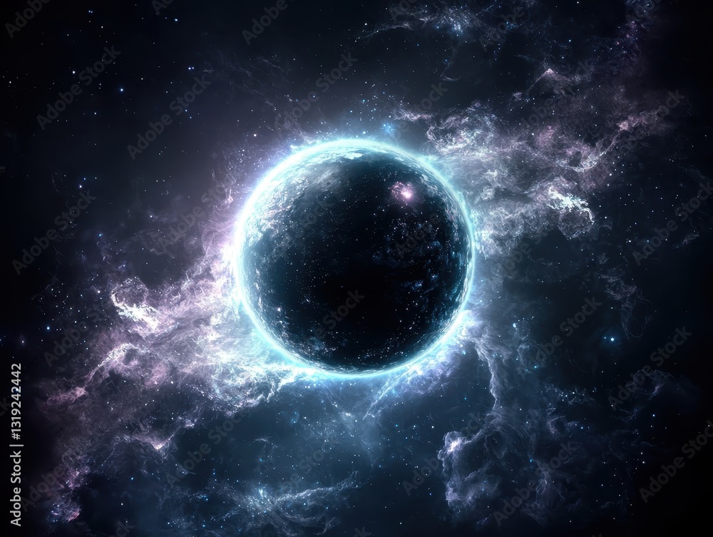 Obraz premium Deep black space with a solitary glowing planet surrounded by stars illustrating the mysteries of the universe