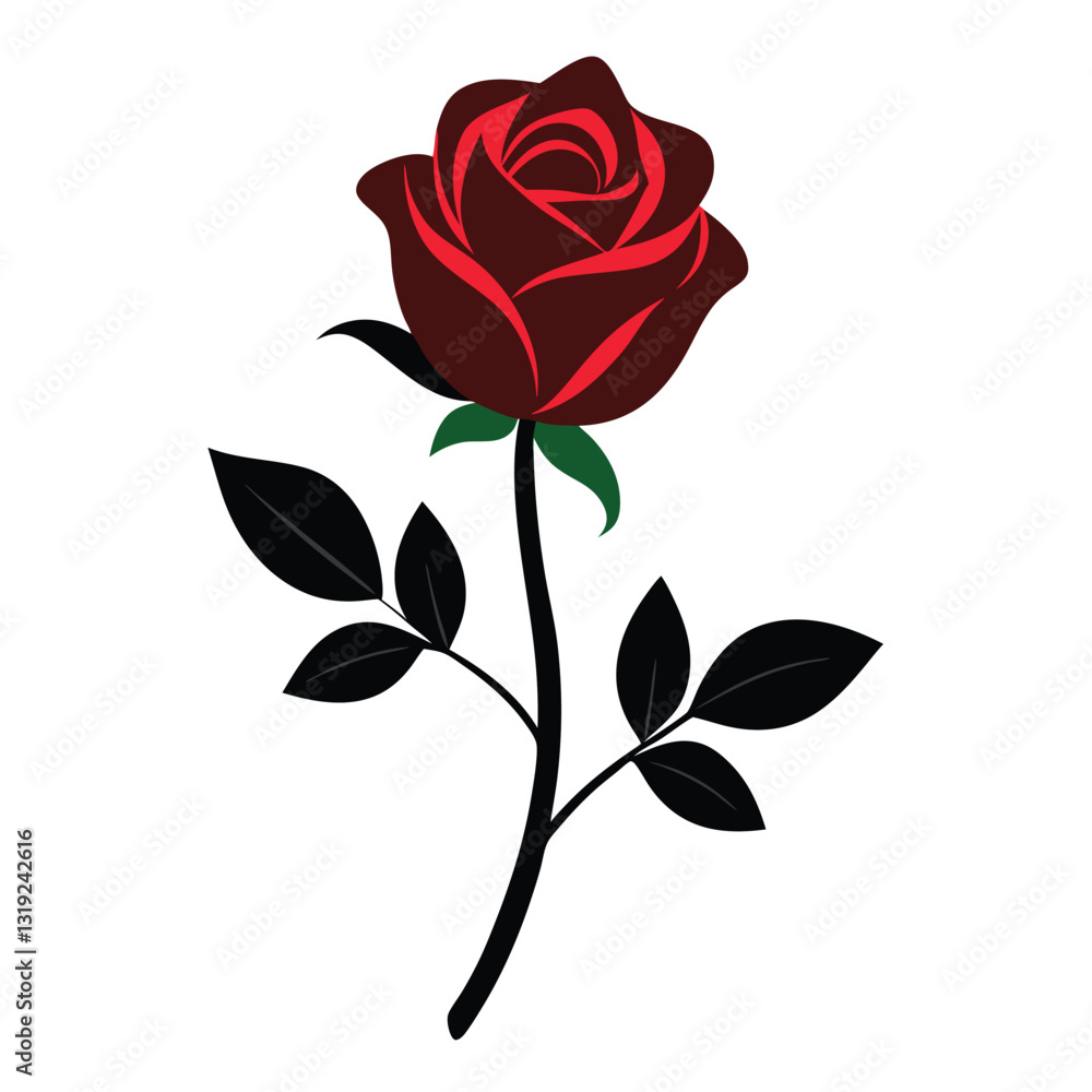 Fototapeta premium A silhouette illustration of a rose flower with a stem and leaves on a white background 