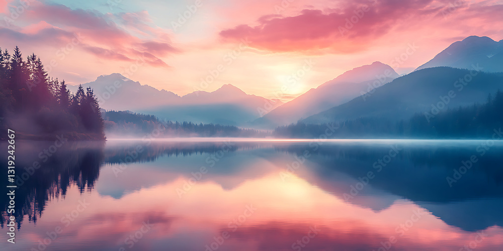 Fototapeta premium Dreamy Pastel Sky Over a Quiet Mountain Lake for Tranquil Reflection and Serene Escape