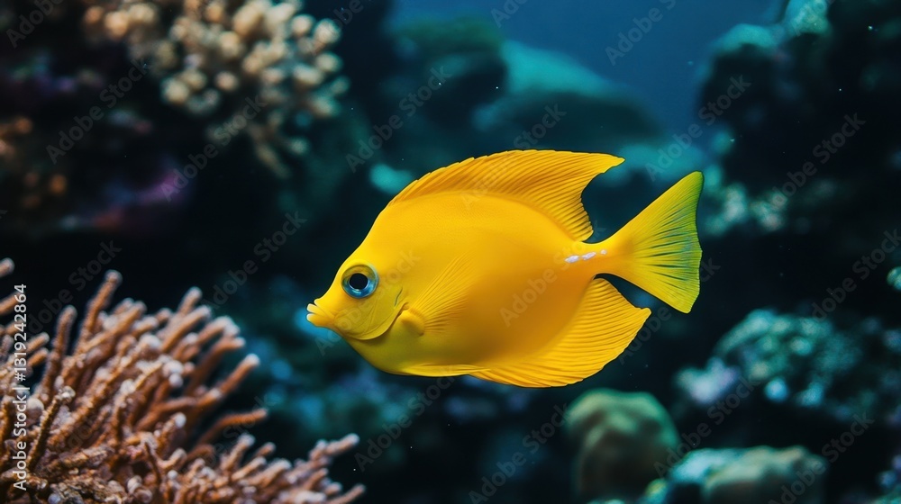 A yellow tang fish swimming through a lush reef, its bright yellow body contrasting against the deep blue sea. A yellow tang fish swimming through a lush reef, its bright yellow body contrasting against the deep blue sea.