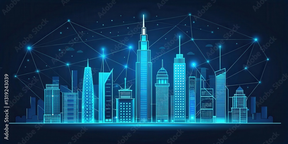 Fototapeta premium Hightech coding background with digital technology. Futuristic city skyline with glowing buildings and digital connections.