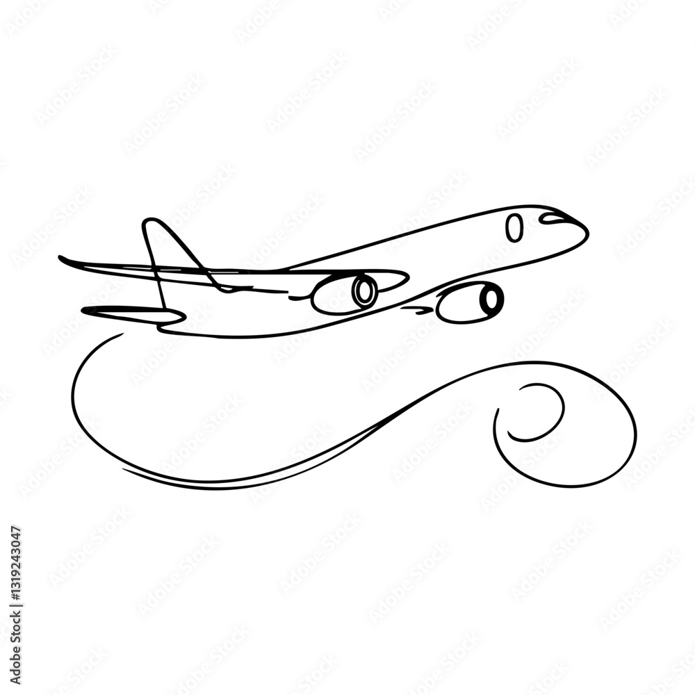 Line art airplane flying with curved trail. Line art airplane flying with curved trail.