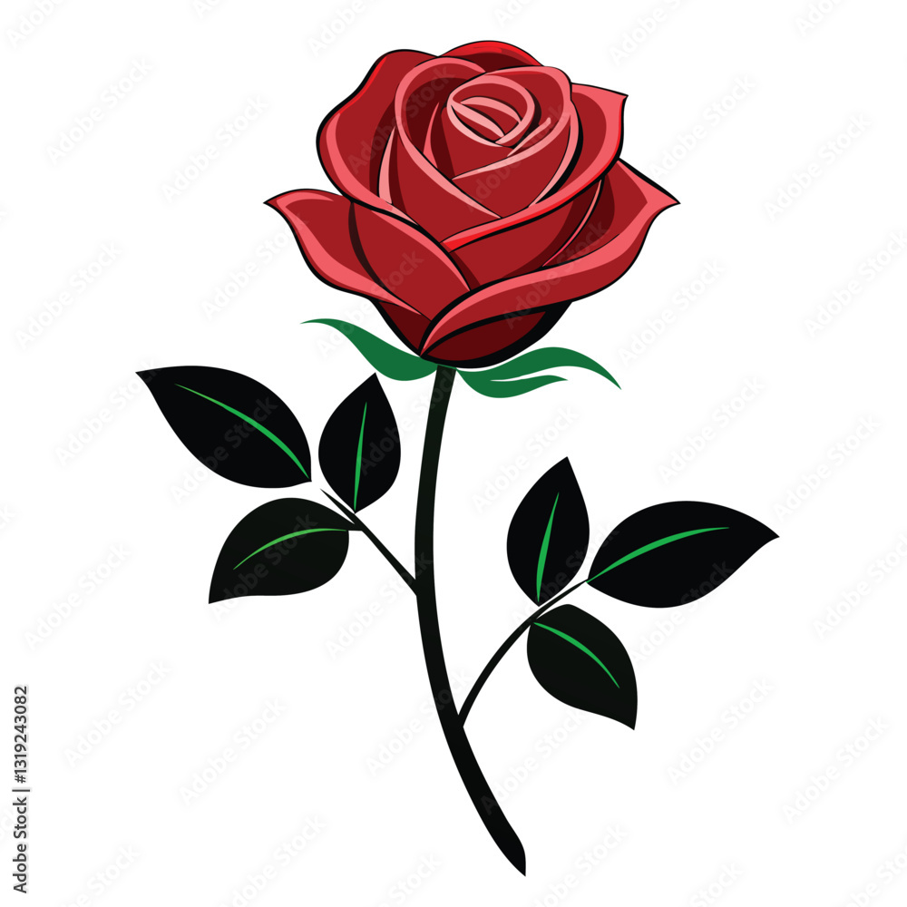 Fototapeta premium A silhouette illustration of a rose flower with a stem and leaves on a white background 