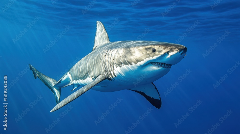 Fototapeta premium A young great white shark swimming in crystal-clear blue waters, showcasing its graceful motion.