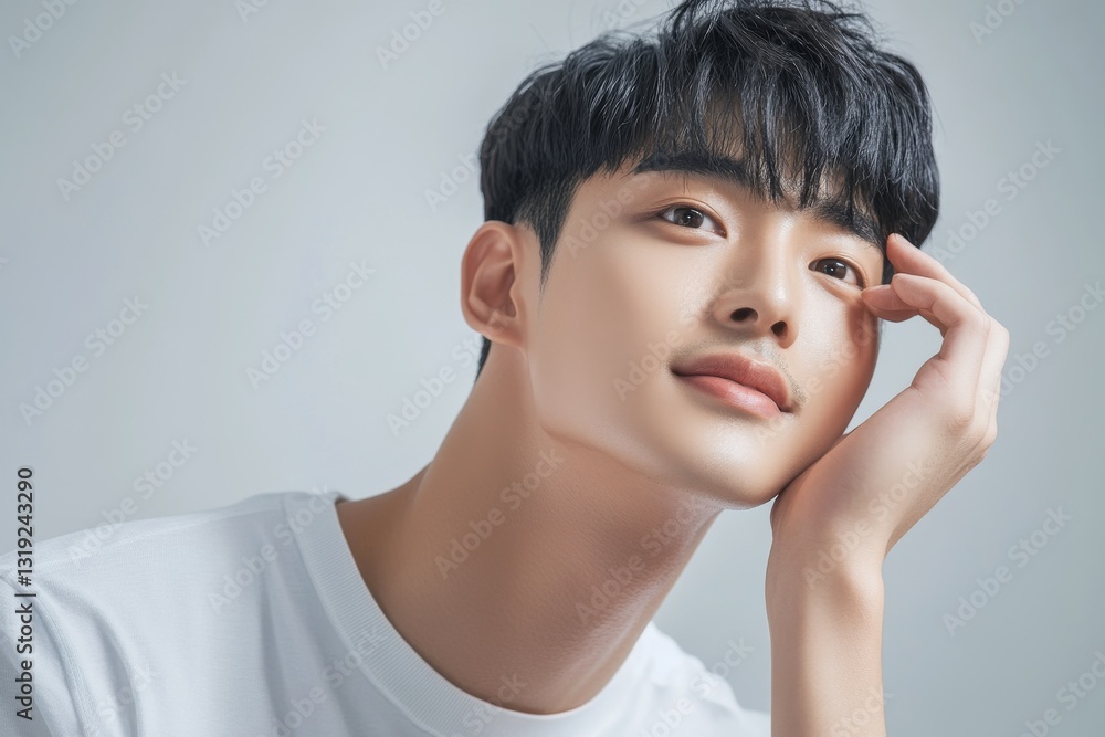 Korean Skincare Young man with stylish hair poses thoughtfully, conveying a sense of calm and introspection. Korean Skincare Young man with stylish hair poses thoughtfully, conveying a sense of calm and introspection.