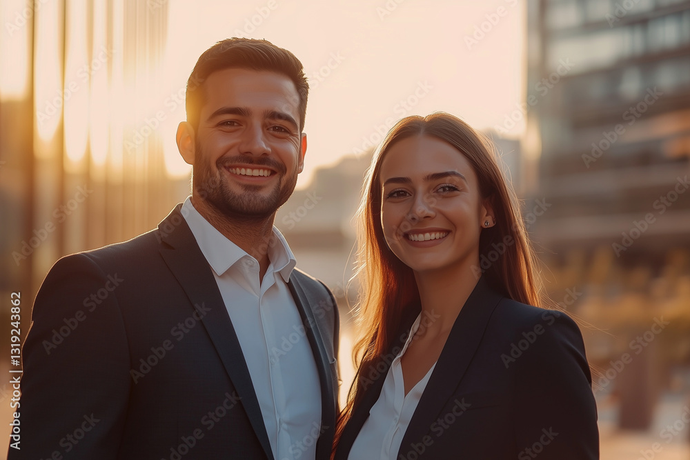 A Young smiling brazilian business posing confidently, dressed in modern business clothes, against a backdrop of tech city with illuminated office building. Inovation, Startup, Bank, Fintech. A Young smiling brazilian business posing confidently, dressed in modern business clothes, against a backdrop of tech city with illuminated office building. Inovation, Startup, Bank, Fintech.