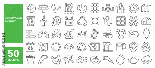 Set of 50 line icons related to renewable energy, green, power, wind, solar, hydraulic, biomass, neutral, factory, electricity, sustainable, Editable stroke. Vector illustration