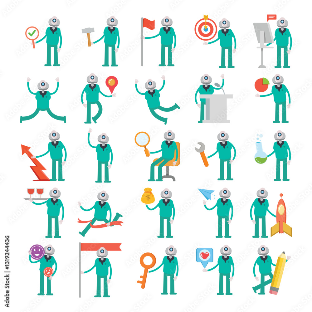 humanoid robot characters in different poses set humanoid robot characters in different poses set