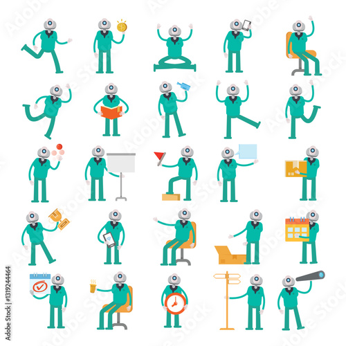 humanoid robot characters in different poses set