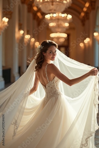 Female bride in lace gown holds flowing veil with joyful smile inside opulent wedding hall. Delicate details, romantic silhouette, and pure elegance and refined style radiate love and bliss