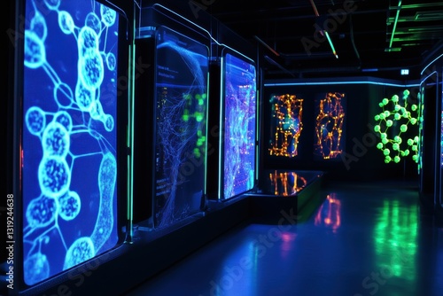 A high-tech laboratory scene with AI-powered machines analyzing human cells and glowing digital panels displaying molecular structures in anti-aging research photo