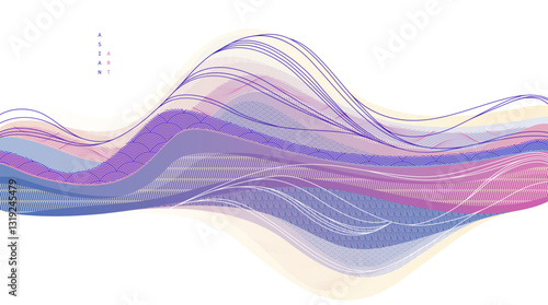 Abstract oriental Japanese art vector background, traditional style design, wavy shapes and mountains terrain landscape, runny like sea lines.