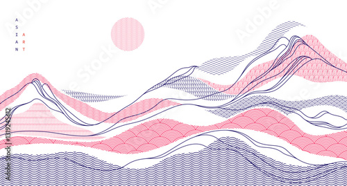 Nature art oriental Japanese style vector abstract background, runny like water shapes and lines with textures.