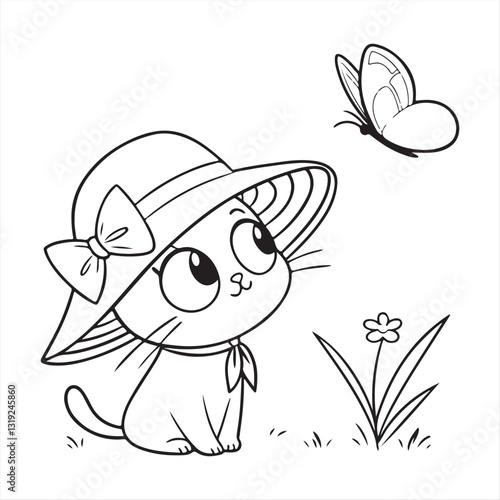 Adorable Cartoon Kitten Wearing a Sun Hat with Butterfly