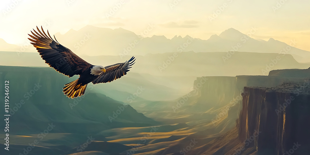 Obraz premium Majestic Eagle Flying Over a Breathtaking Canyon Landscape for a Dramatic Aerial Scene