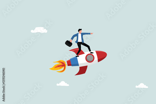 Leadership to guide a team to success, increase team productivity or innovation to achieve success, the concept of starting a partnership or success, riding a rocket, leaders who show 