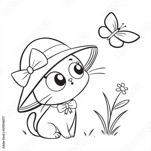 Adorable Cartoon Kitten in Blue Hat with Butterfly