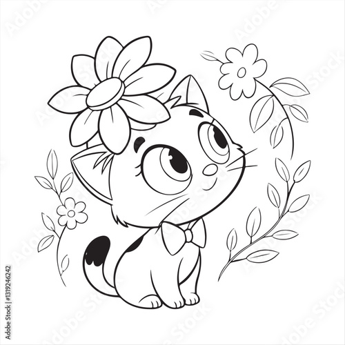 Adorable Cartoon Kitten with Blue Eyes and Floral Accents