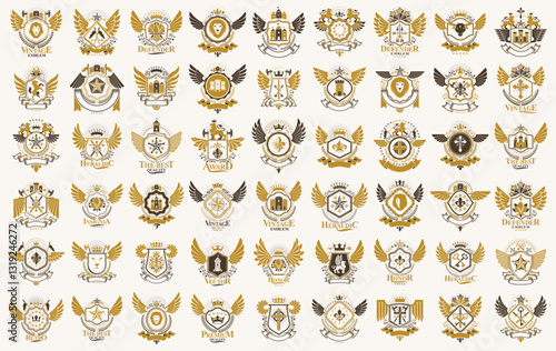 Vintage heraldic emblems vector big set, antique heraldry symbolic badges and awards collection, classic style design elements, family emblems.