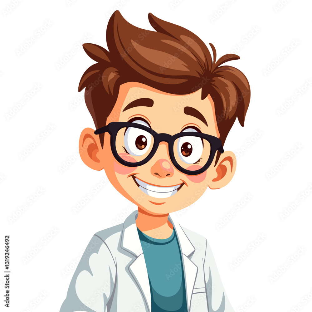 Cheerful young scientist smiling in vector art style, playful creativity Cheerful young scientist smiling in vector art style, playful creativity