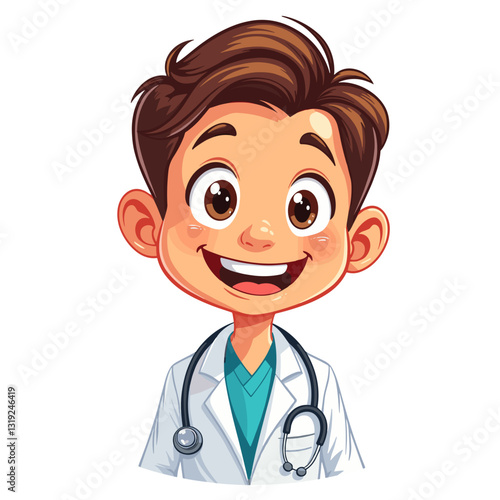 Cheerful cartoon doctor character illustration, healthcare concept