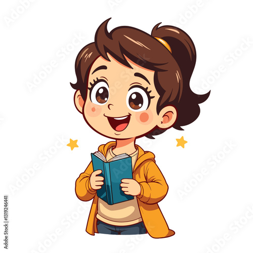 Cheerful girl reading a book, promoting literacy and joy