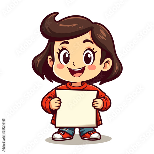 Cheerful child holding blank sign in cartoon style, creativity and expression