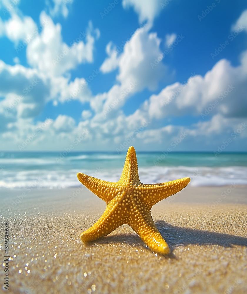 A vibrant yellow starfish with white spots rests on a sandy beach under a bright blue sky with scattered clouds and sunlight. A vibrant yellow starfish with white spots rests on a sandy beach under a bright blue sky with scattered clouds and sunlight.