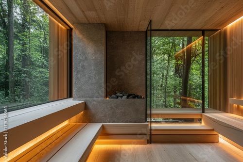 A luxurious modern sauna with sleek wooden walls and benches made of light cedar wood
