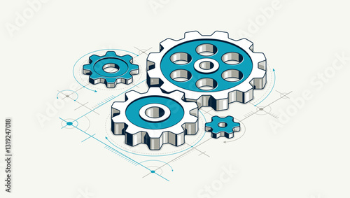 Mechanical engineering concept, gears and cogs with project drawing draft isometric 3D vector illustration, cogwheels system technology and technics machinery engine.