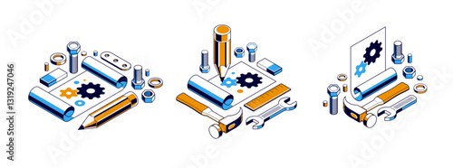 Mechanical engineering project concept set, engine draft plan drawing, technical scheme blueprint, paper sheet with gears pencil and tools 3D isometric vector illustration, repair tutorial.