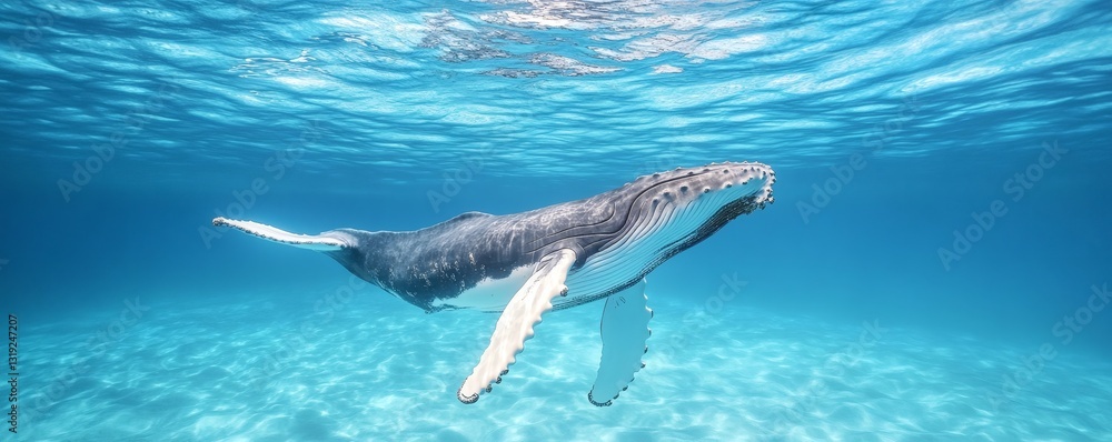 Fototapeta premium A majestic humpback whale gracefully swims underwater in the ocean
