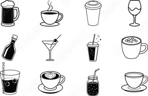 Beverage Icons Coffee, Tea, Cocktails, Beer, and More