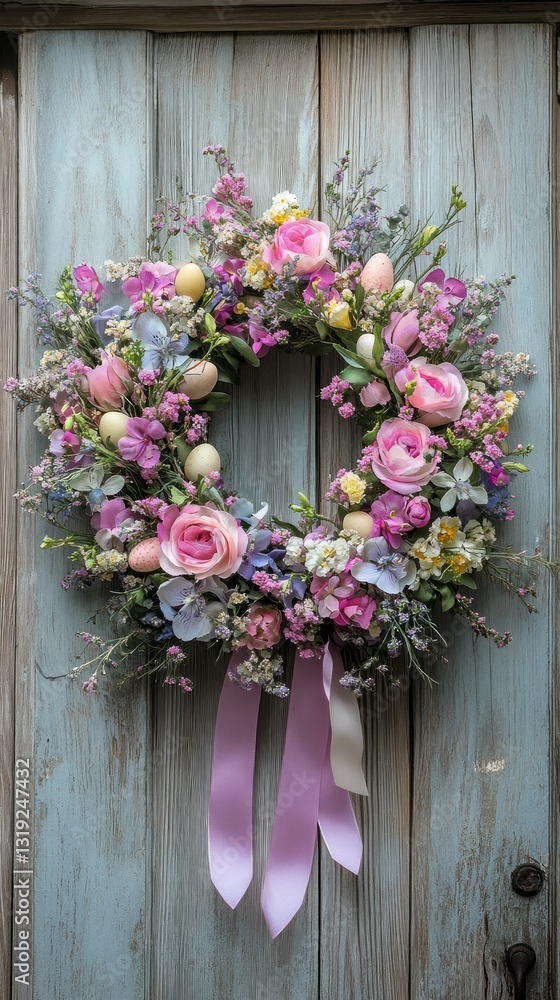 Fototapeta premium Brightly colored flowers create a lovely wreath, elegantly hanging on a weathered wooden door. Soft pastel hues and gentle ribbons evoke the freshness of springtime, inviting warmth and cheer