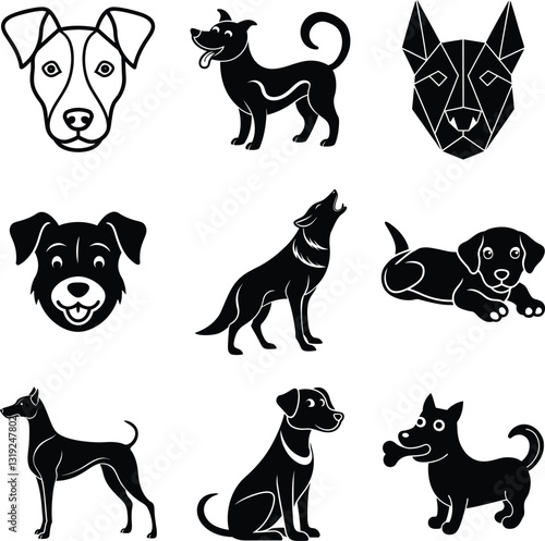 Nine Dog Breeds Silhouettes, Icons, and Canine Styles