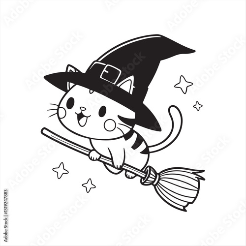 Cute Cartoon Cat Riding a Broomstick with a Witch Hat