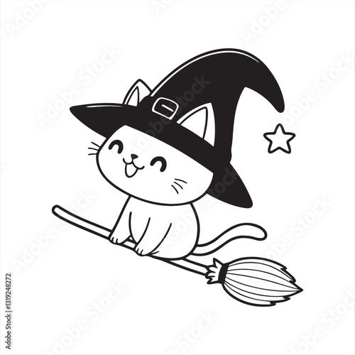 Cute Chubby Cat in Witch Hat Riding a Broomstick – Cartoon Illustration