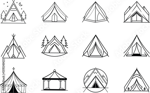 Camping Tent Icons Minimalist Line Art Designs for Outdoors