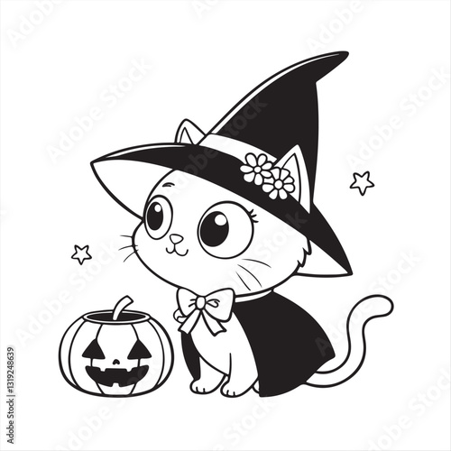 Cute Halloween Cat in Witch Costume with Pumpkin