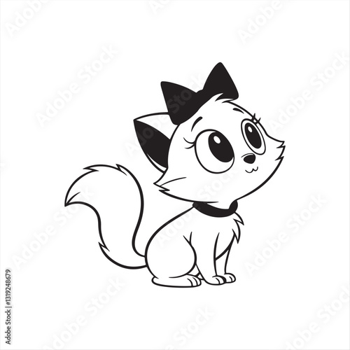 Cute White Cartoon Cat with Pink Bows – Adorable Digital Illustration