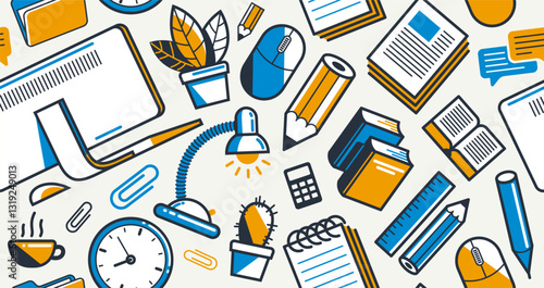 Office or remote work seamless background, PC and papers job workplace desk vector endless wallpaper, all elements easy to use separately as an icons or illustrations.