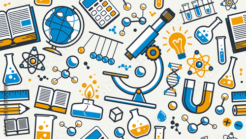 Science seamless background, vector tiling endless repeat pattern of different sciences like chemistry and physics, geography and math, elements easy to use separately as an icons or illustrations.