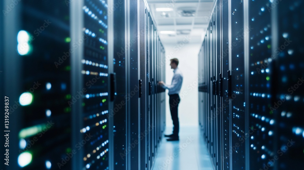 Tech professional standing in data center, Asian male IT technician analyzing server racks in high-tech environment, copy-space. Tech professional standing in data center, Asian male IT technician analyzing server racks in high-tech environment, copy-space.