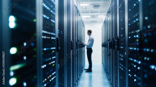 Tech professional standing in data center, Asian male IT technician analyzing server racks in high-tech environment, copy-space.