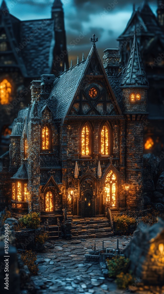 Gothic Stone House Illuminated at Night in a Village Gothic Stone House Illuminated at Night in a Village