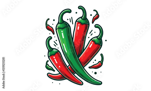 Red and Green Chili vector, Red and Green Chili Peppers Clipart Spicy Vector Illustration on White Background