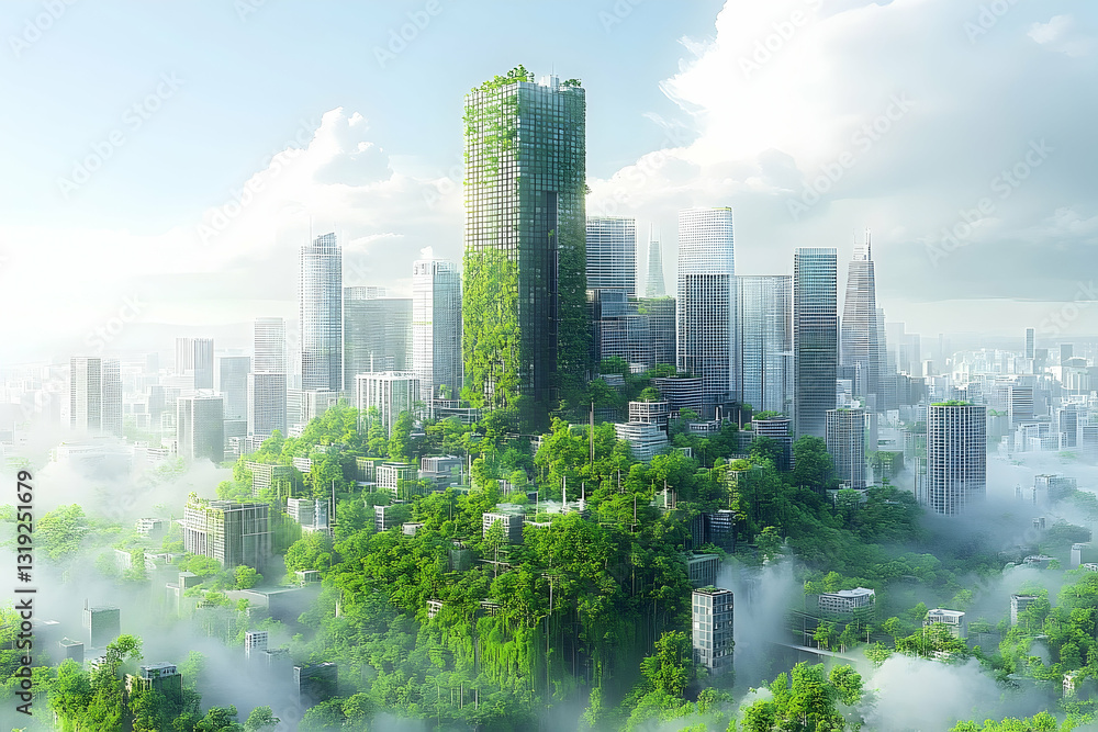 Lush greenery envelops a futuristic cityscape, blending urban architecture with a thriving natural ecosystem. A harmonious coexistence of nature and city Lush greenery envelops a futuristic cityscape, blending urban architecture with a thriving natural ecosystem. A harmonious coexistence of nature and city