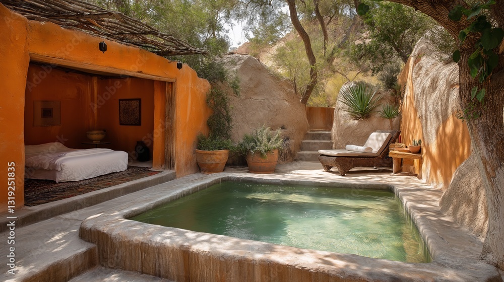 Traditional desert bathhouse made of terracotta offers serene relaxation in a tranquil natural setting Traditional desert bathhouse made of terracotta offers serene relaxation in a tranquil natural setting