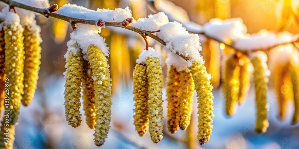 Delicate hazel catkins, frosted with snow, a stunning macro portrait of winter's lingering touch on spring's arrival. Delicate hazel catkins, frosted with snow, a stunning macro portrait of winter's lingering touch on spring's arrival.
