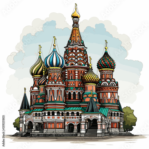 Saint Basil's Cathedral hand-drawn comic illustration. Cathedral of Vasily the Blessed. Vector doodle style cartoon illustration